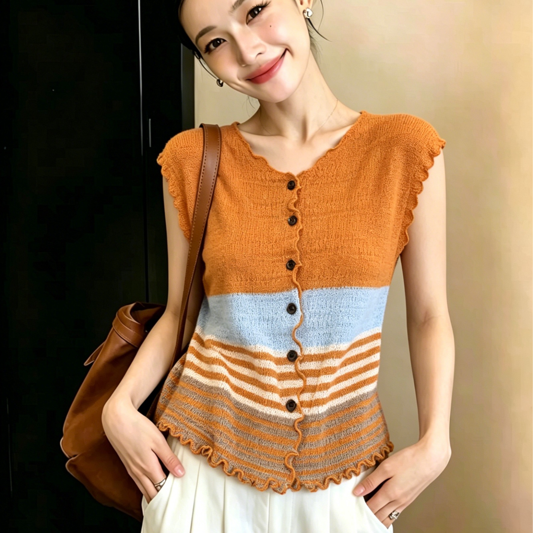 AI圖 韓系撞色條紋復古針織開衫夏季修身顯瘦巨好看絕美上衣女潮