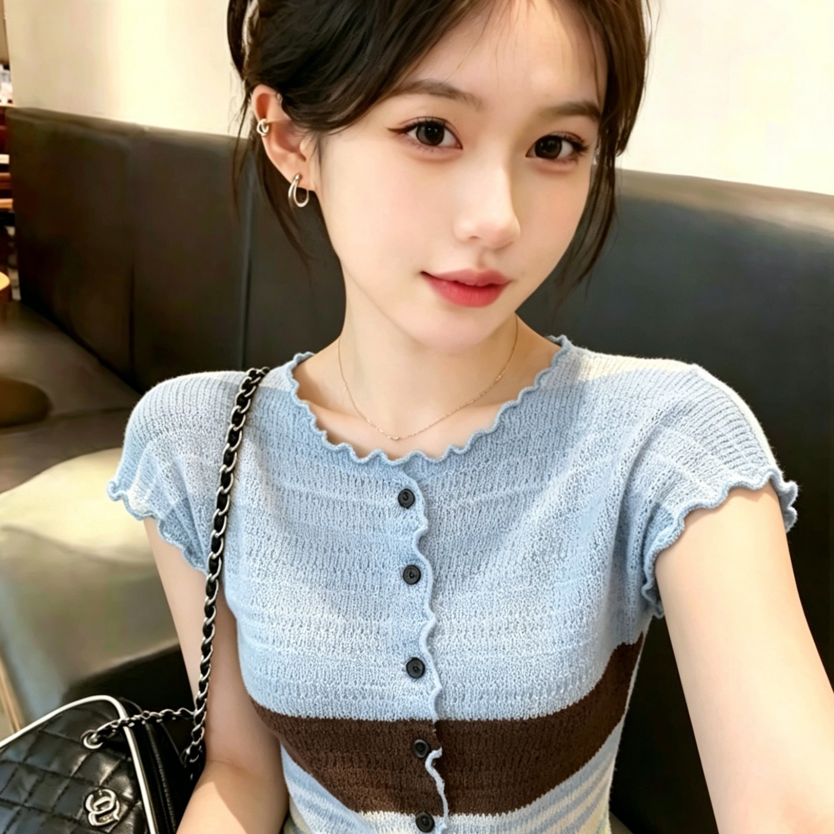 AI圖 韓系撞色條紋復古針織開衫夏季修身顯瘦巨好看絕美上衣女潮