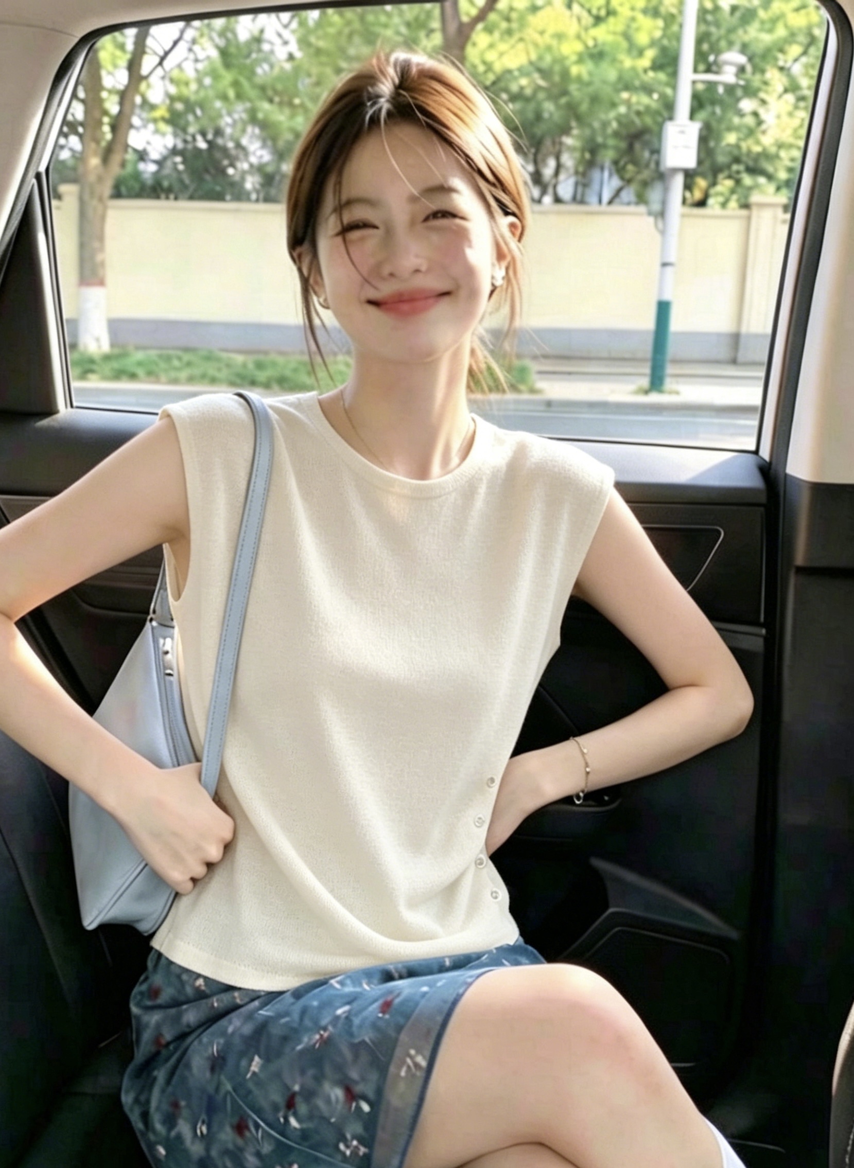 AI圖法式高級感純色圓領側邊貝殼扣褶皺收腰顯瘦針織衫夏上衣女