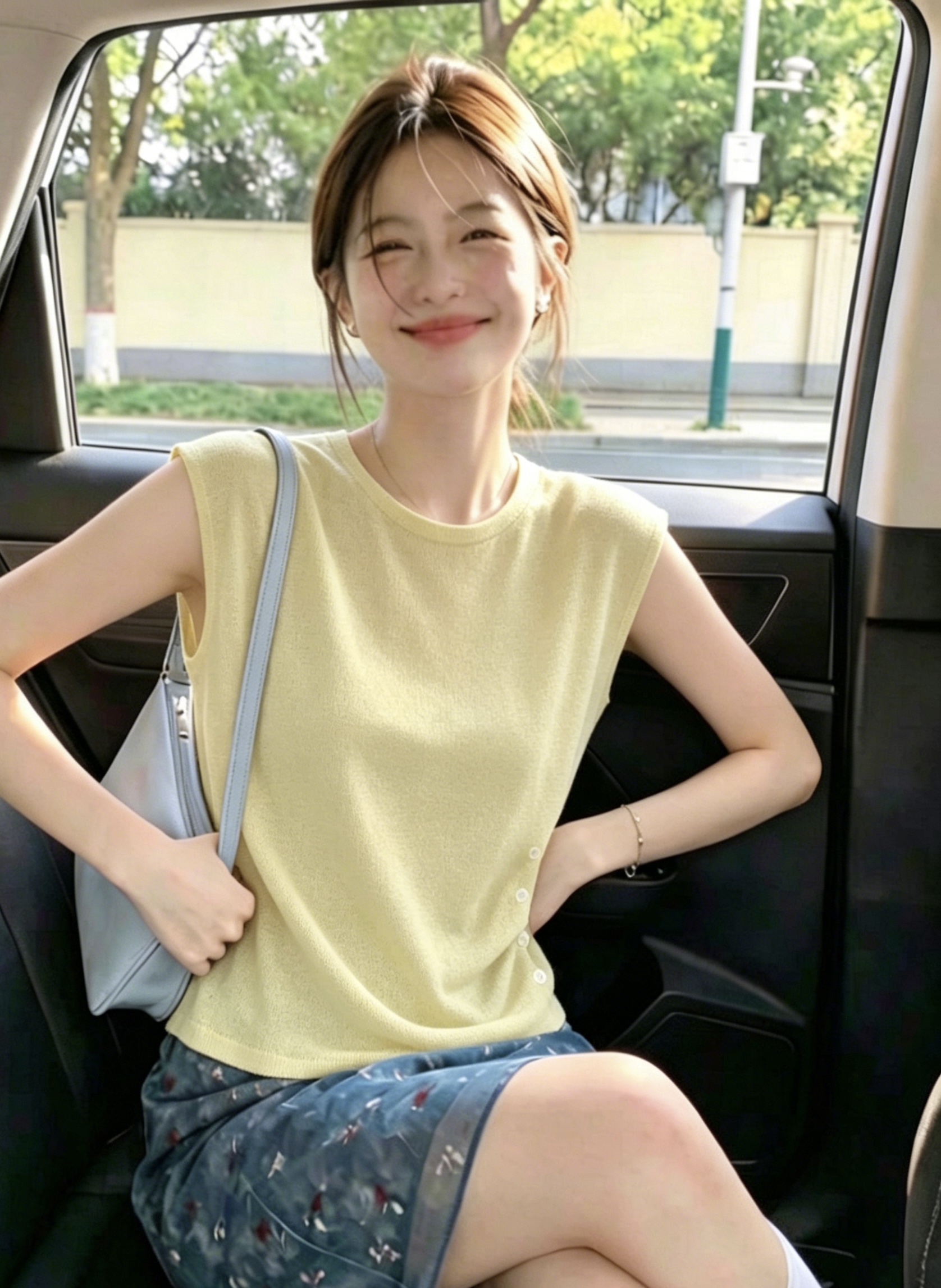 AI圖法式高級感純色圓領側邊貝殼扣褶皺收腰顯瘦針織衫夏上衣女