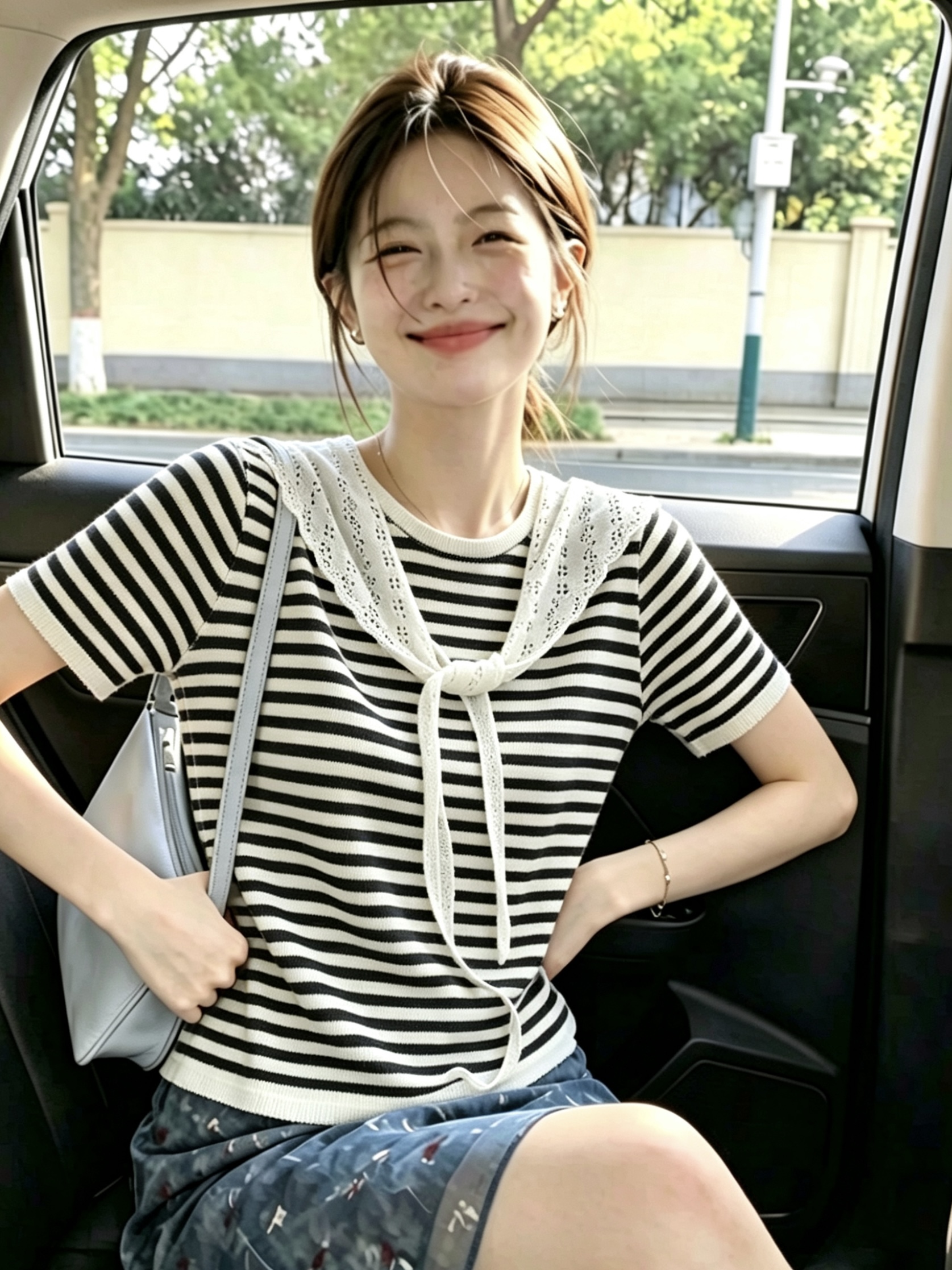 AI圖韓系復古條紋撞色海軍領兩件套針織衫夏季新款寬松顯瘦上衣女