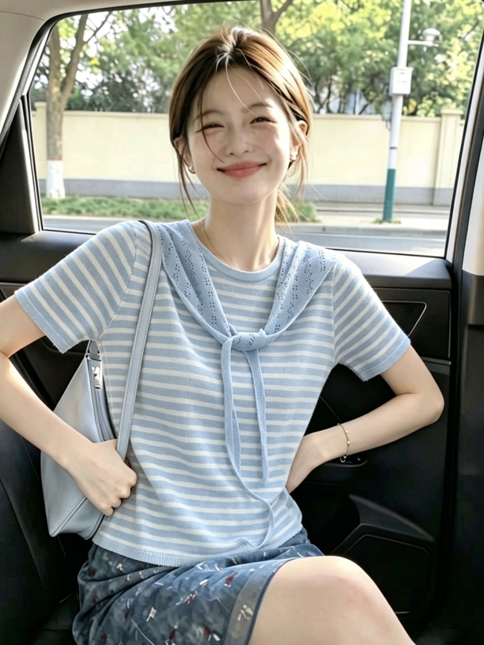 AI圖韓系復古條紋撞色海軍領兩件套針織衫夏季新款寬松顯瘦上衣女