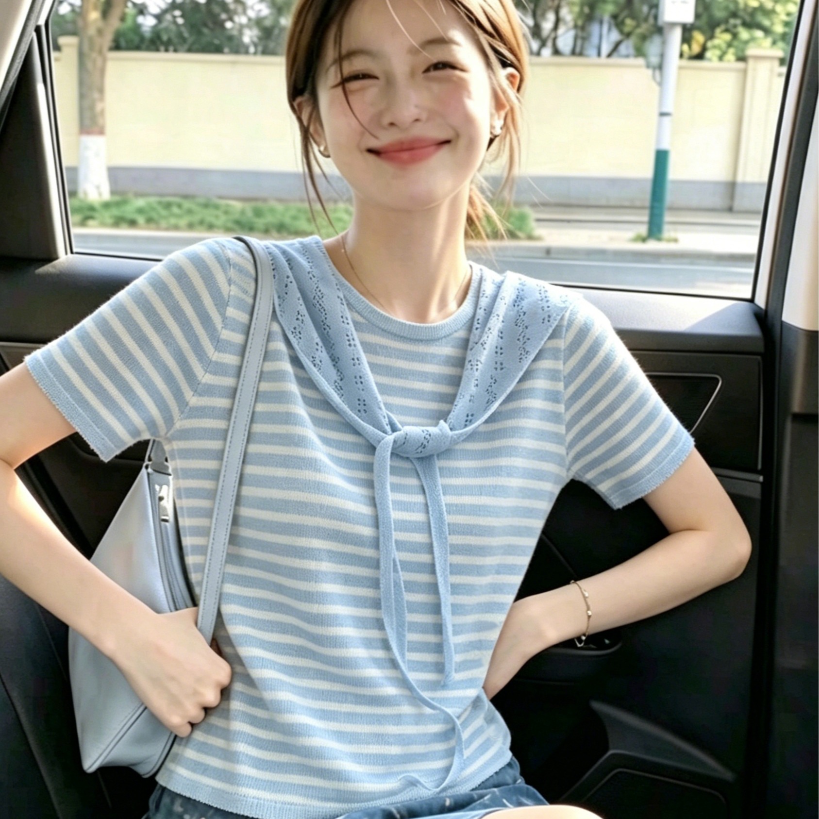 AI圖韓系復古條紋撞色海軍領兩件套針織衫夏季新款寬松顯瘦上衣女