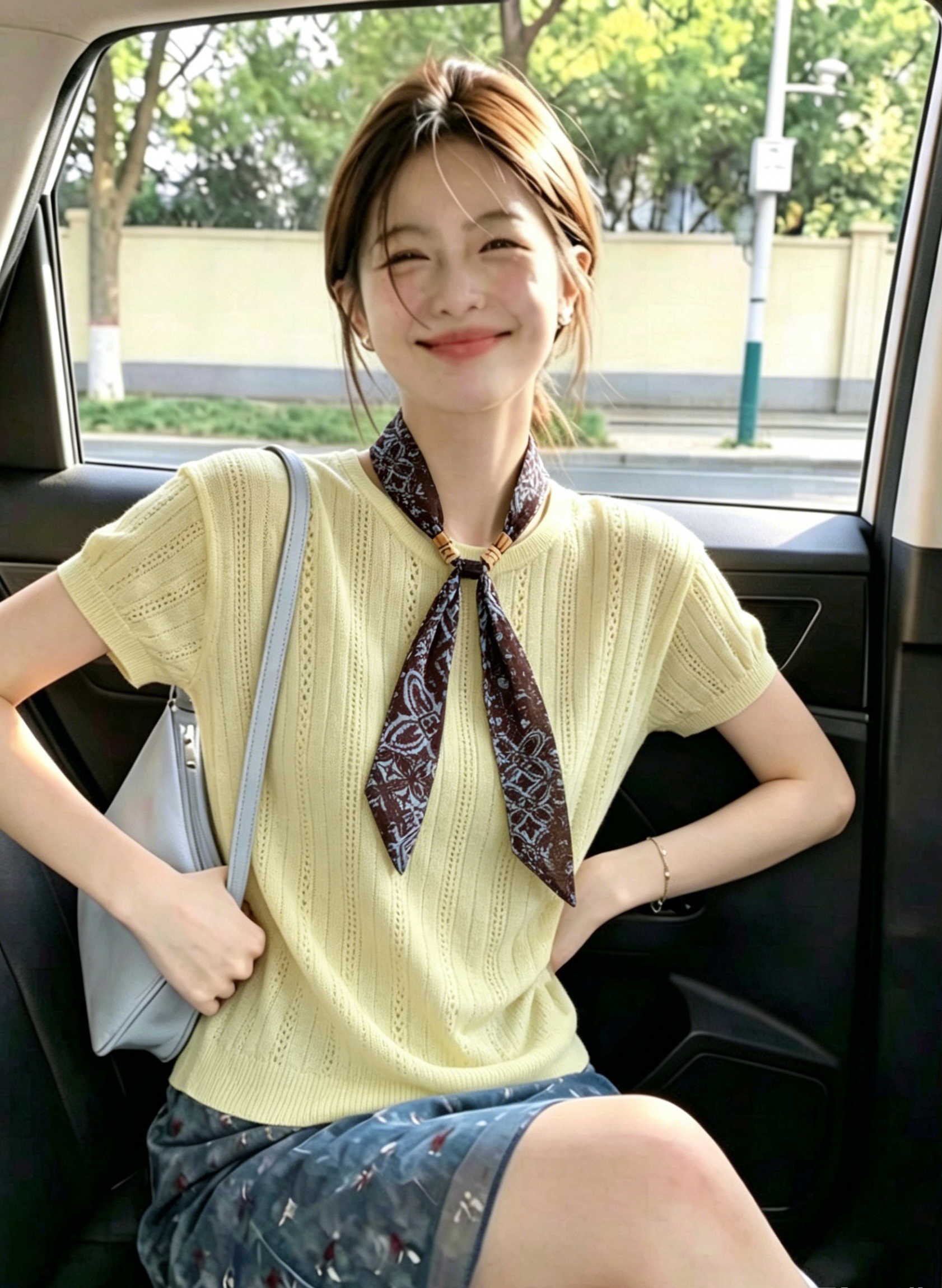 實拍 韓系鏤空飛飛袖針織衫配絲巾女夏季設計感時尚洋氣百搭上衣