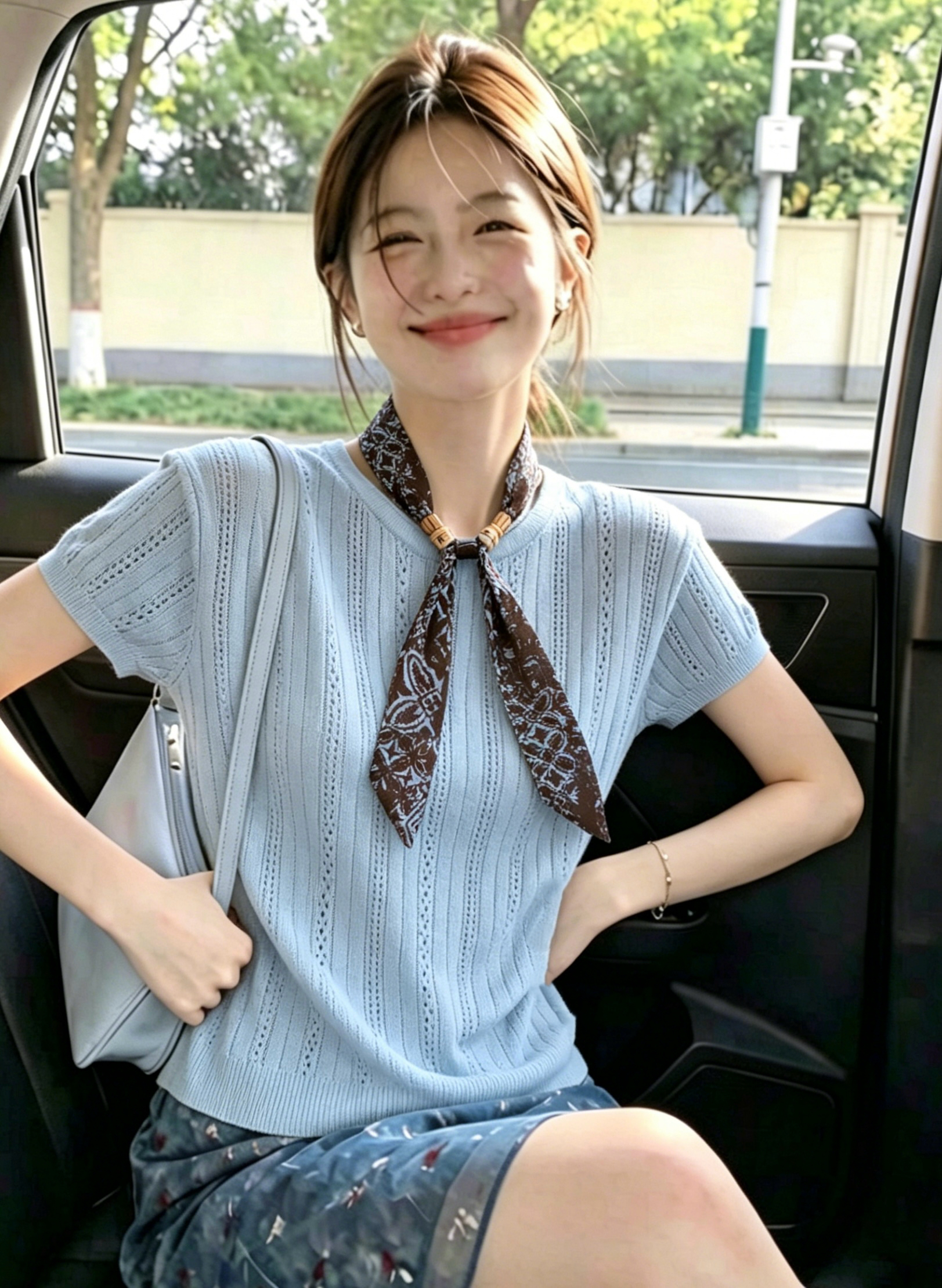 實拍 韓系鏤空飛飛袖針織衫配絲巾女夏季設計感時尚洋氣百搭上衣