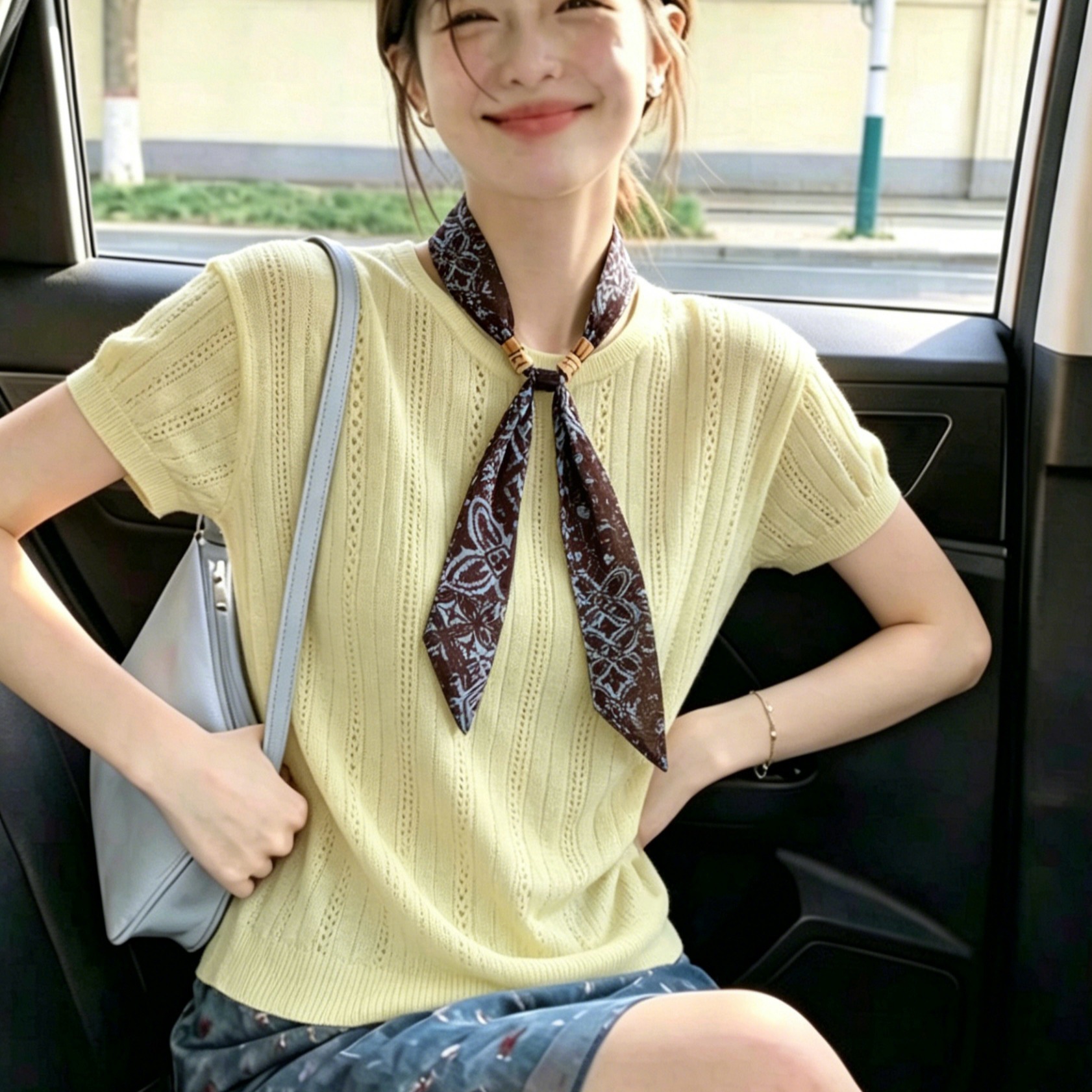 實拍 韓系鏤空飛飛袖針織衫配絲巾女夏季設計感時尚洋氣百搭上衣