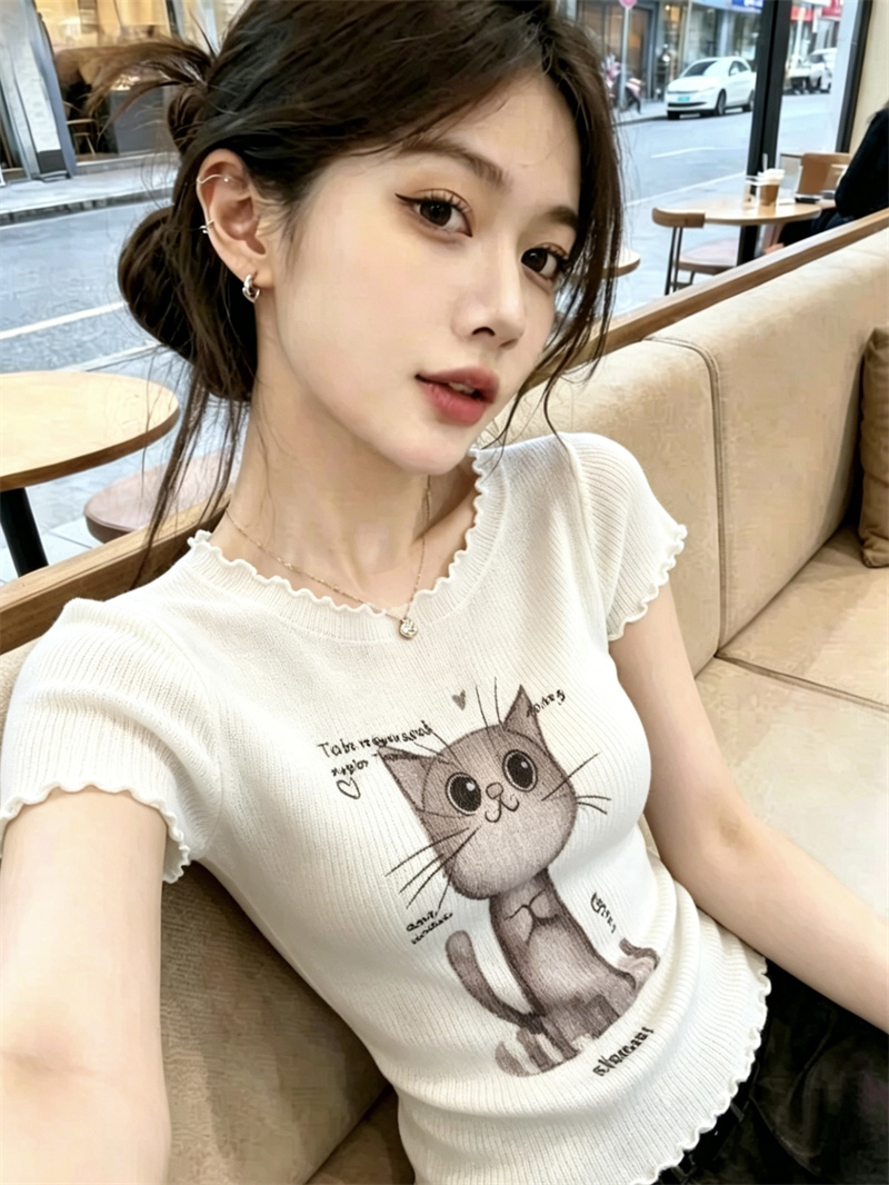 AI圖韓系甜美洋氣減齡百搭小貓印花短袖上衣女夏季木耳邊短款小衫