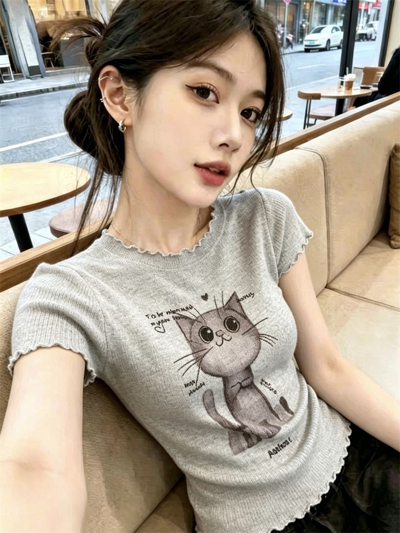 AI圖韓系甜美洋氣減齡百搭小貓印花短袖上衣女夏季木耳邊短款小衫