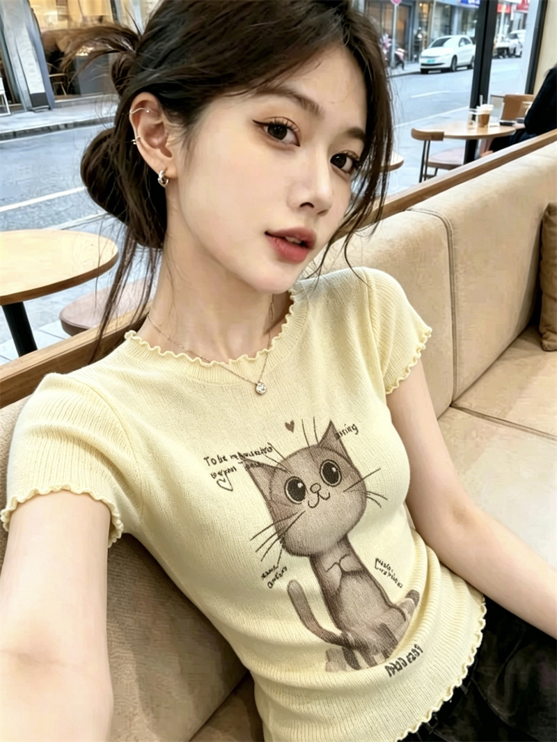 AI圖韓系甜美洋氣減齡百搭小貓印花短袖上衣女夏季木耳邊短款小衫