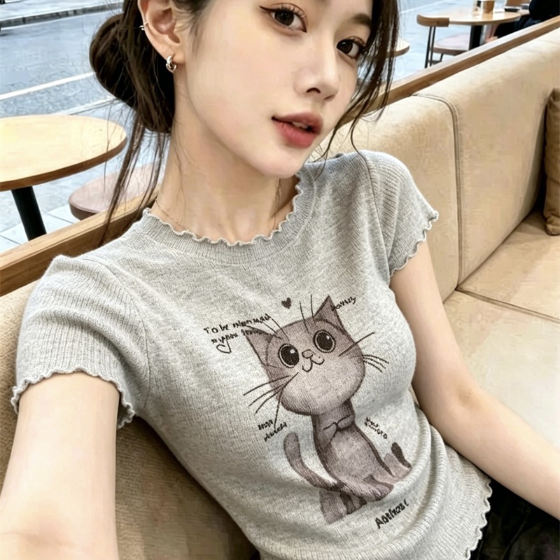 AI圖韓系甜美洋氣減齡百搭小貓印花短袖上衣女夏季木耳邊短款小衫