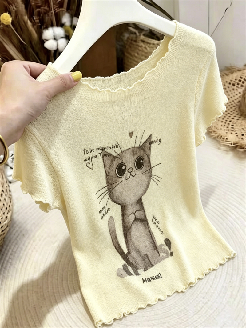 AI圖韓系甜美洋氣減齡百搭小貓印花短袖上衣女夏季木耳邊短款小衫
