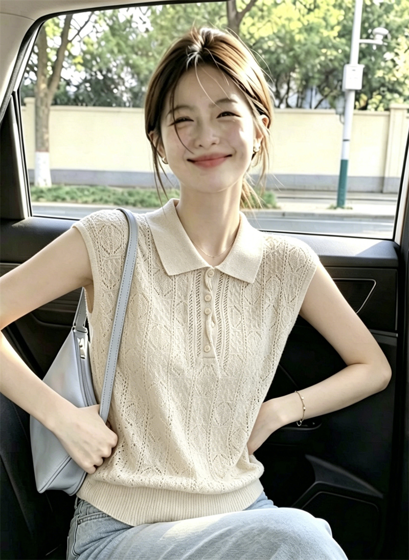 AI圖韓系老錢風翻領短袖針織衫女夏季薄款鉤花鏤空設計感顯瘦上衣
