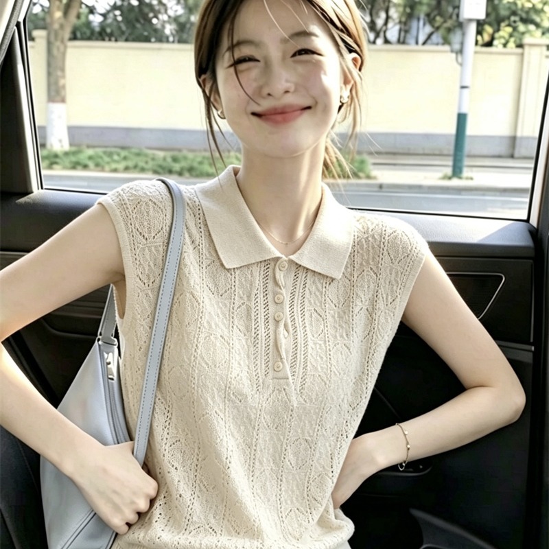 AI圖韓系老錢風翻領短袖針織衫女夏季薄款鉤花鏤空設計感顯瘦上衣