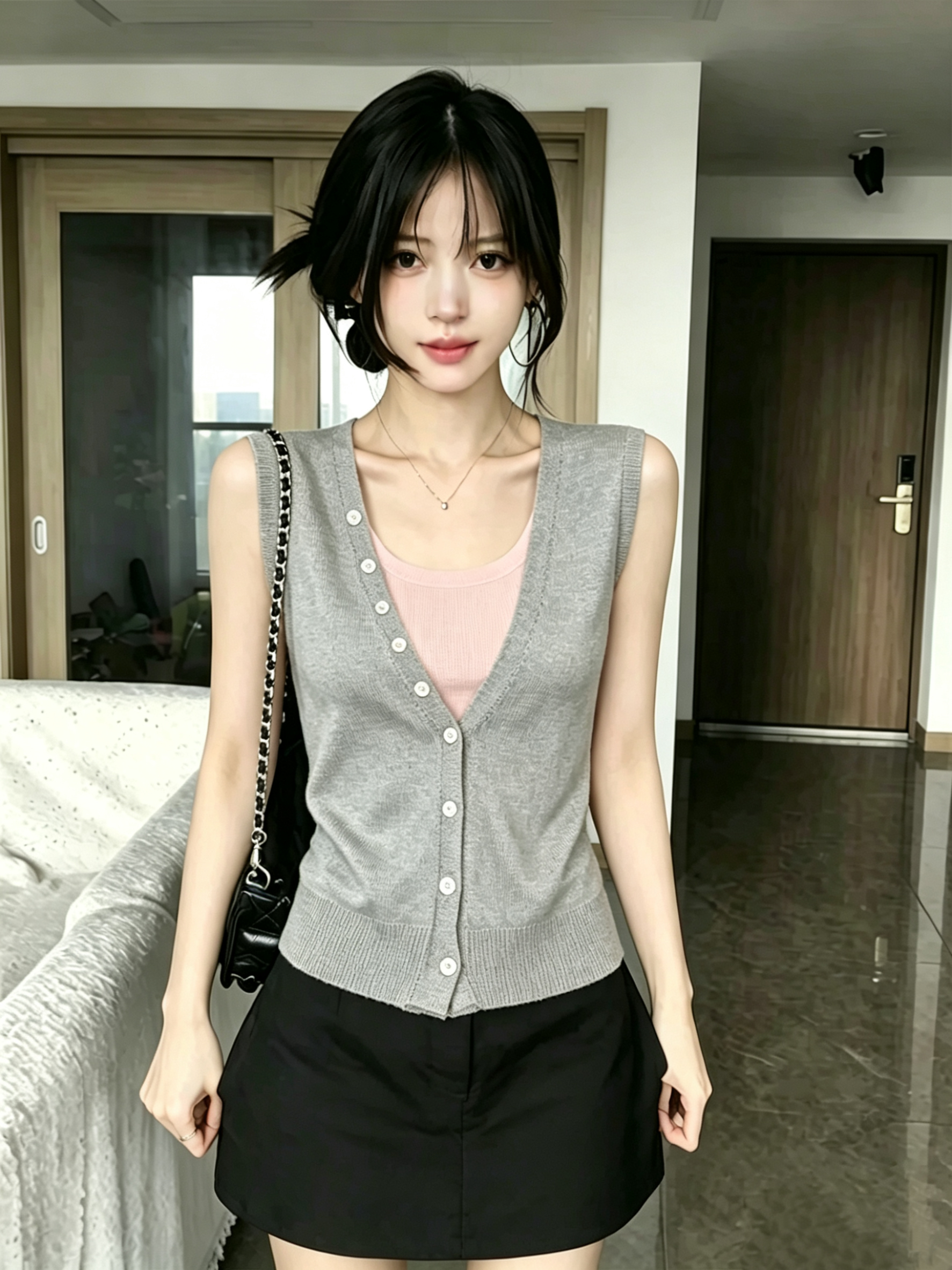 AI圖 韓系V領紐扣撞色假兩件無袖針織衫女夏季休閑百搭顯瘦上衣潮