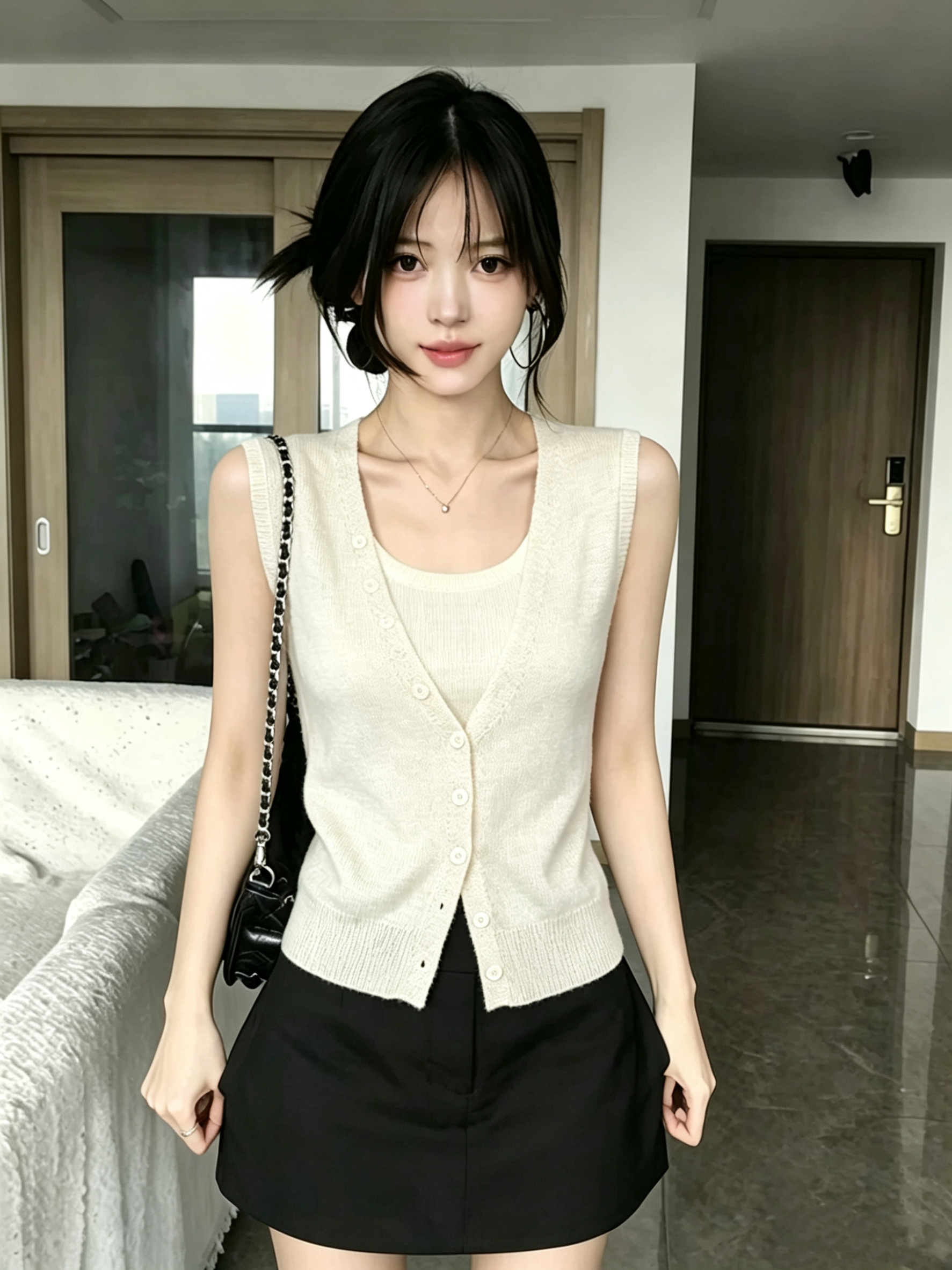 AI圖 韓系V領紐扣撞色假兩件無袖針織衫女夏季休閑百搭顯瘦上衣潮