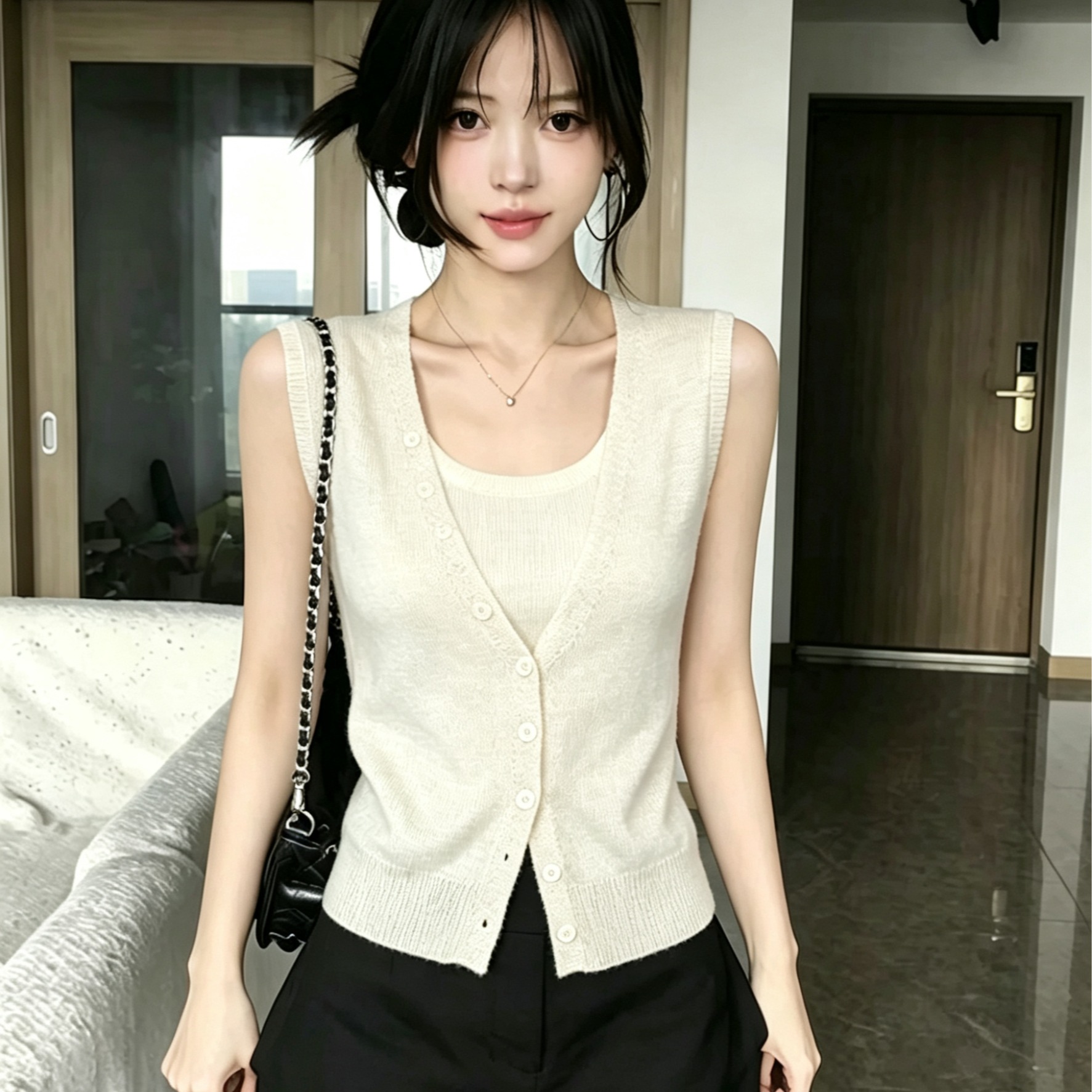 AI圖 韓系V領紐扣撞色假兩件無袖針織衫女夏季休閑百搭顯瘦上衣潮