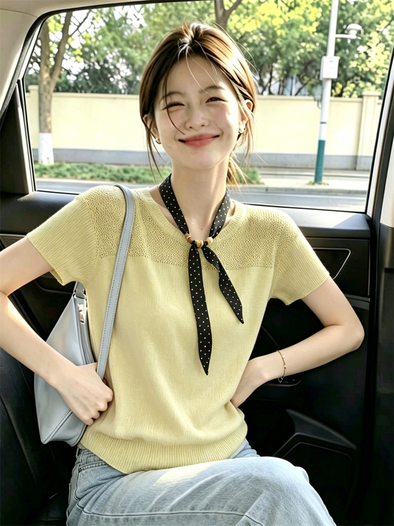 AI圖 韓系絲巾短袖鏤空設計感針織衫女夏季新款時尚百搭顯瘦上衣