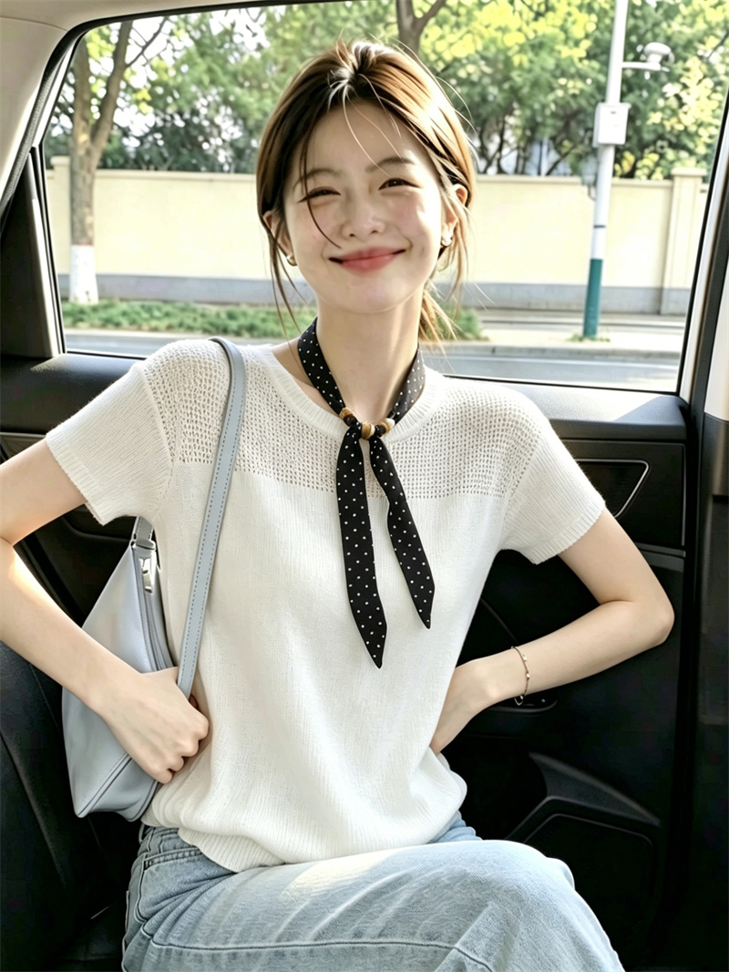 AI圖 韓系絲巾短袖鏤空設計感針織衫女夏季新款時尚百搭顯瘦上衣