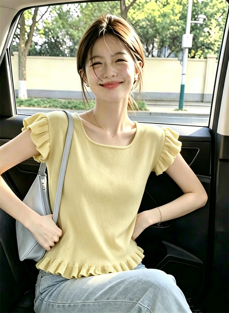 AI圖綠色法式甜美飛飛袖木耳邊設計感小眾修身顯瘦針織衫上衣女