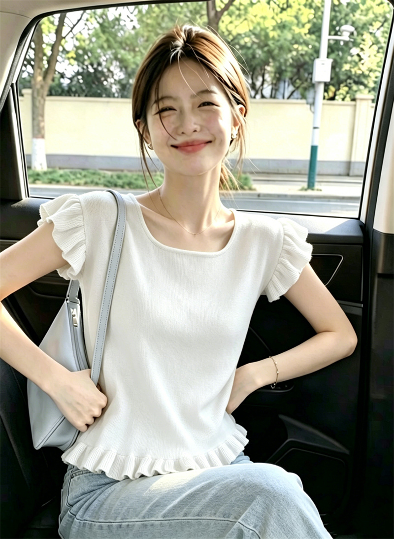 AI圖綠色法式甜美飛飛袖木耳邊設計感小眾修身顯瘦針織衫上衣女