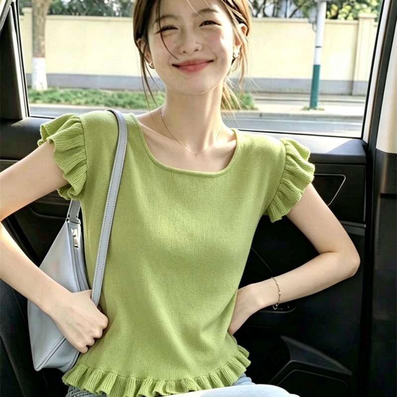 AI圖綠色法式甜美飛飛袖木耳邊設計感小眾修身顯瘦針織衫上衣女