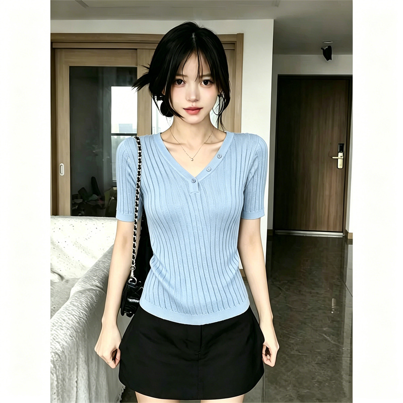 AI圖韓系V領休閑簡約高級感百搭修身顯瘦針織衫夏季新款上衣女潮