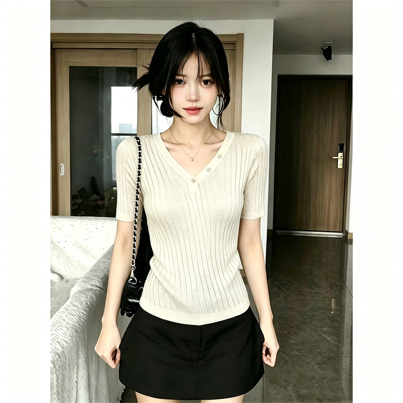 AI圖韓系V領休閑簡約高級感百搭修身顯瘦針織衫夏季新款上衣女潮