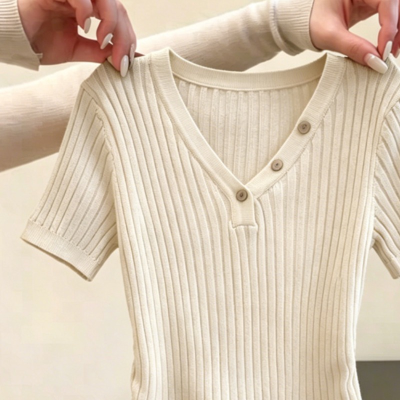 AI圖韓系V領休閑簡約高級感百搭修身顯瘦針織衫夏季新款上衣女潮