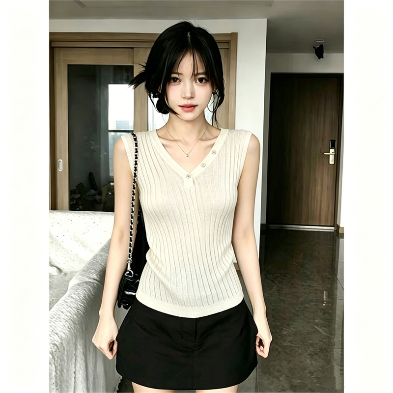 AI圖韓系V領純色紐扣修身顯瘦設計感高級感坑條針織衫上衣女夏季