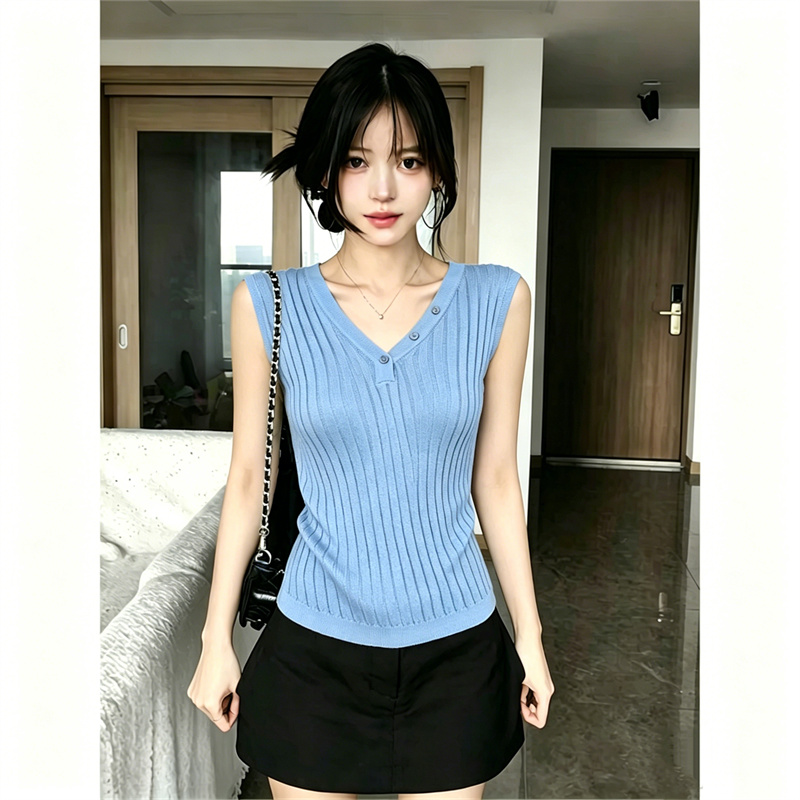 AI圖韓系V領純色紐扣修身顯瘦設計感高級感坑條針織衫上衣女夏季