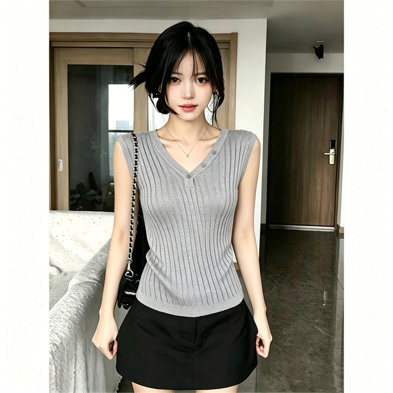 AI圖韓系V領純色紐扣修身顯瘦設計感高級感坑條針織衫上衣女夏季