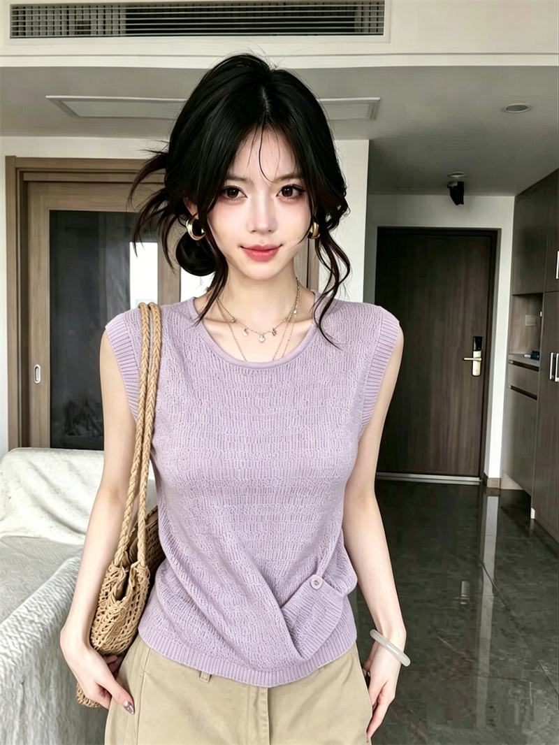 AI圖 韓系多巴胺色系肌理感側邊扣子設計感百搭無袖針織背心女夏