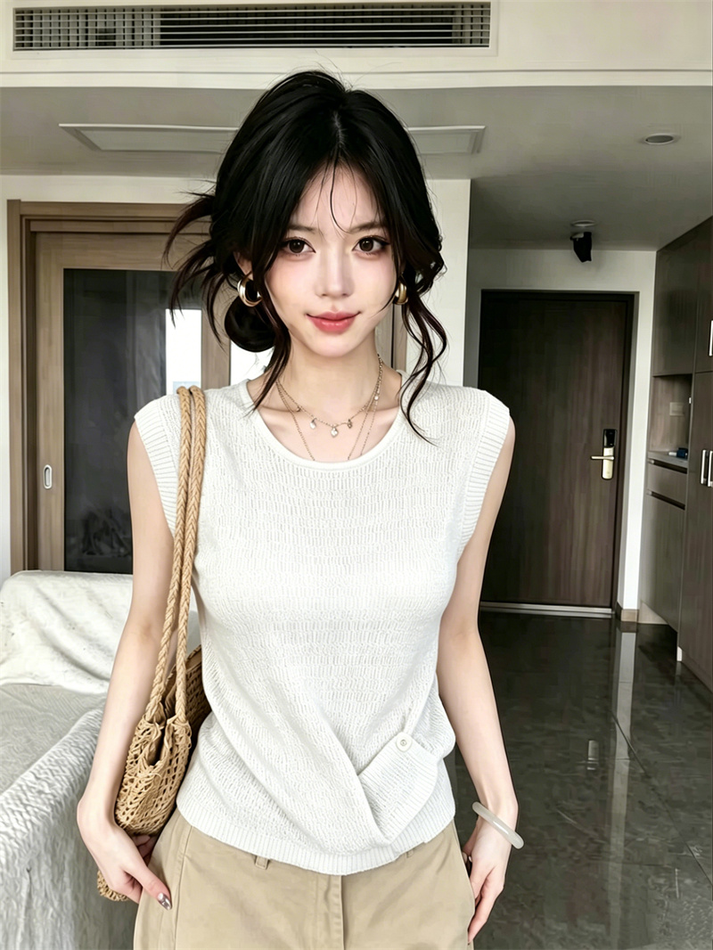 AI圖 韓系多巴胺色系肌理感側邊扣子設計感百搭無袖針織背心女夏