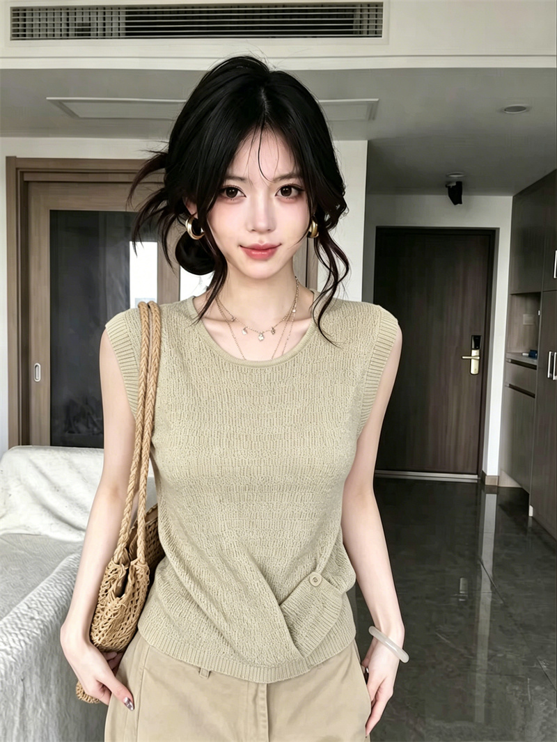 AI圖 韓系多巴胺色系肌理感側邊扣子設計感百搭無袖針織背心女夏