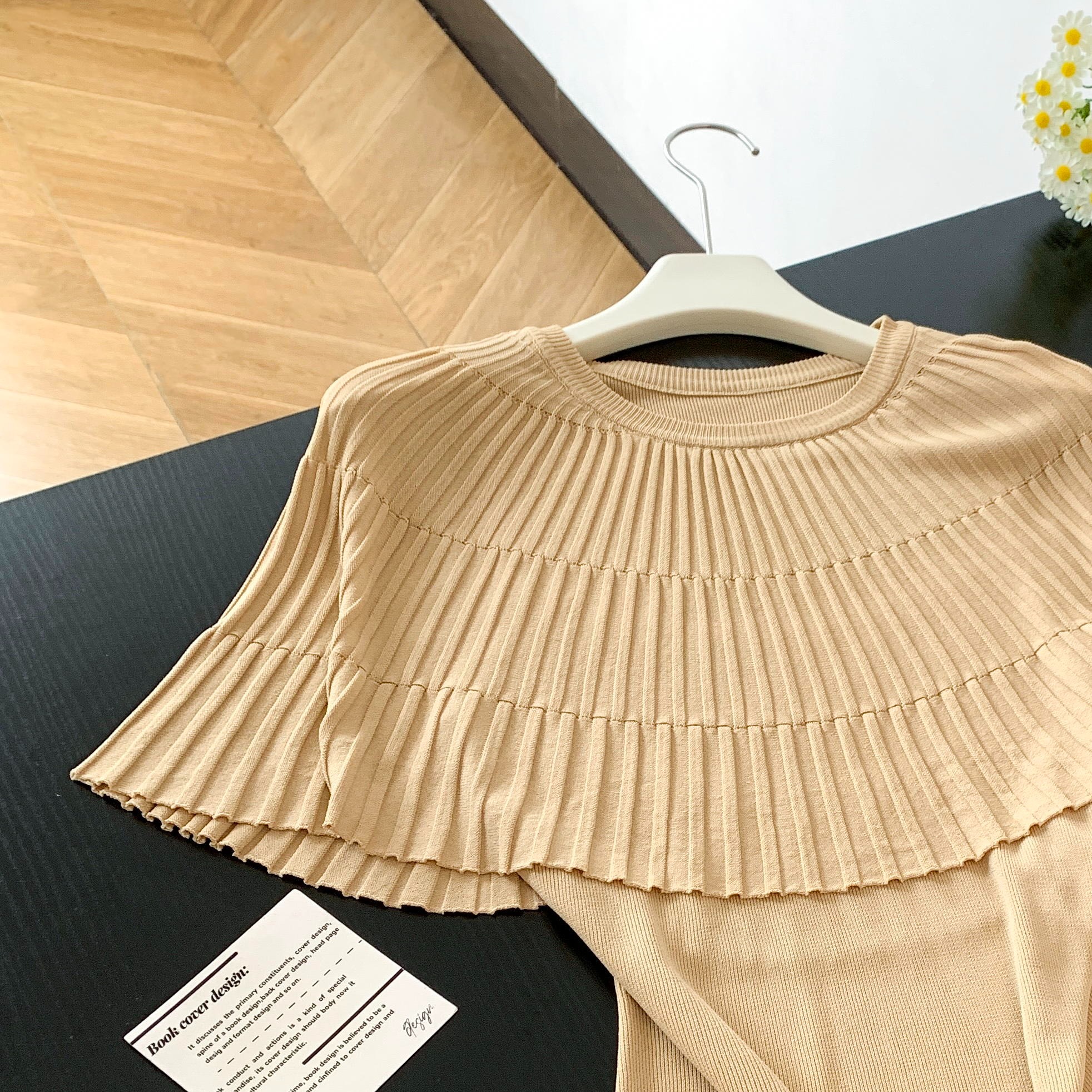 實拍 法式假兩件荷葉邊披肩針織衫女夏季新款設計感小眾上衣女潮