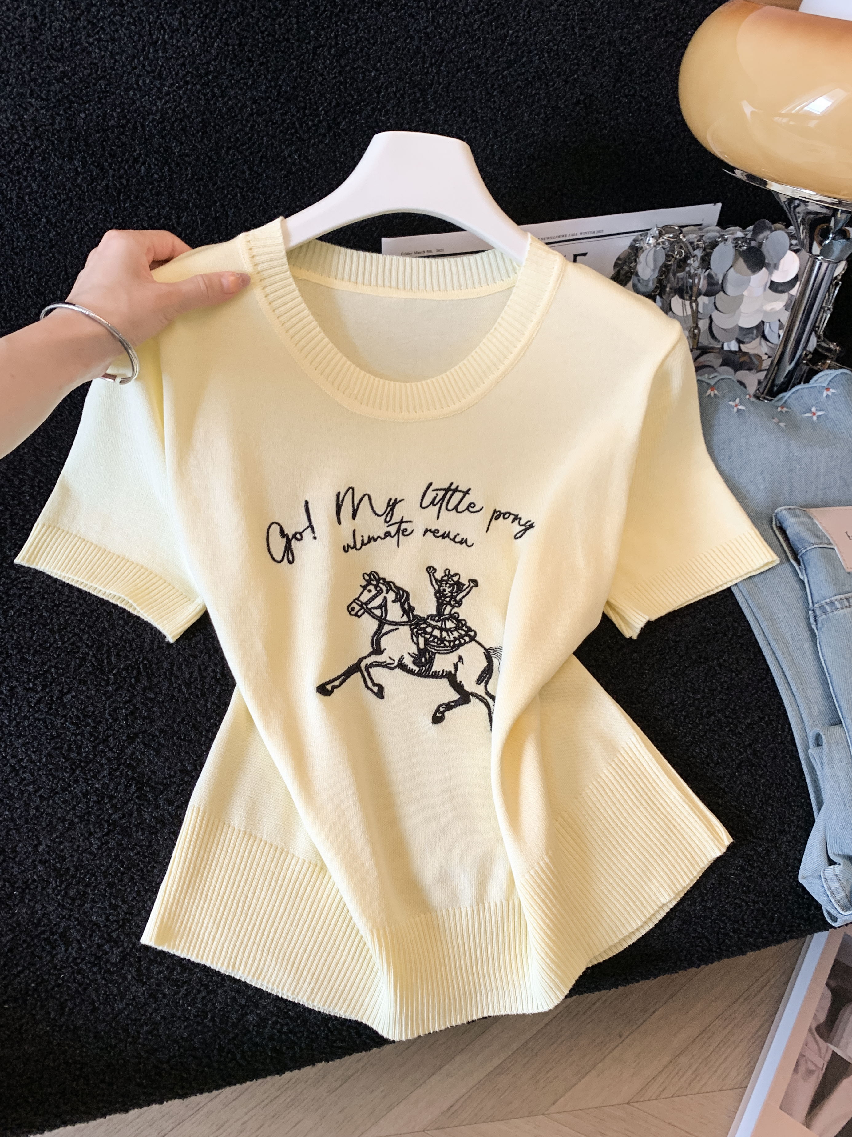 實拍 韓系慵懶風卡通刺繡字母短袖針織衫T恤女夏季百搭顯瘦上衣薄