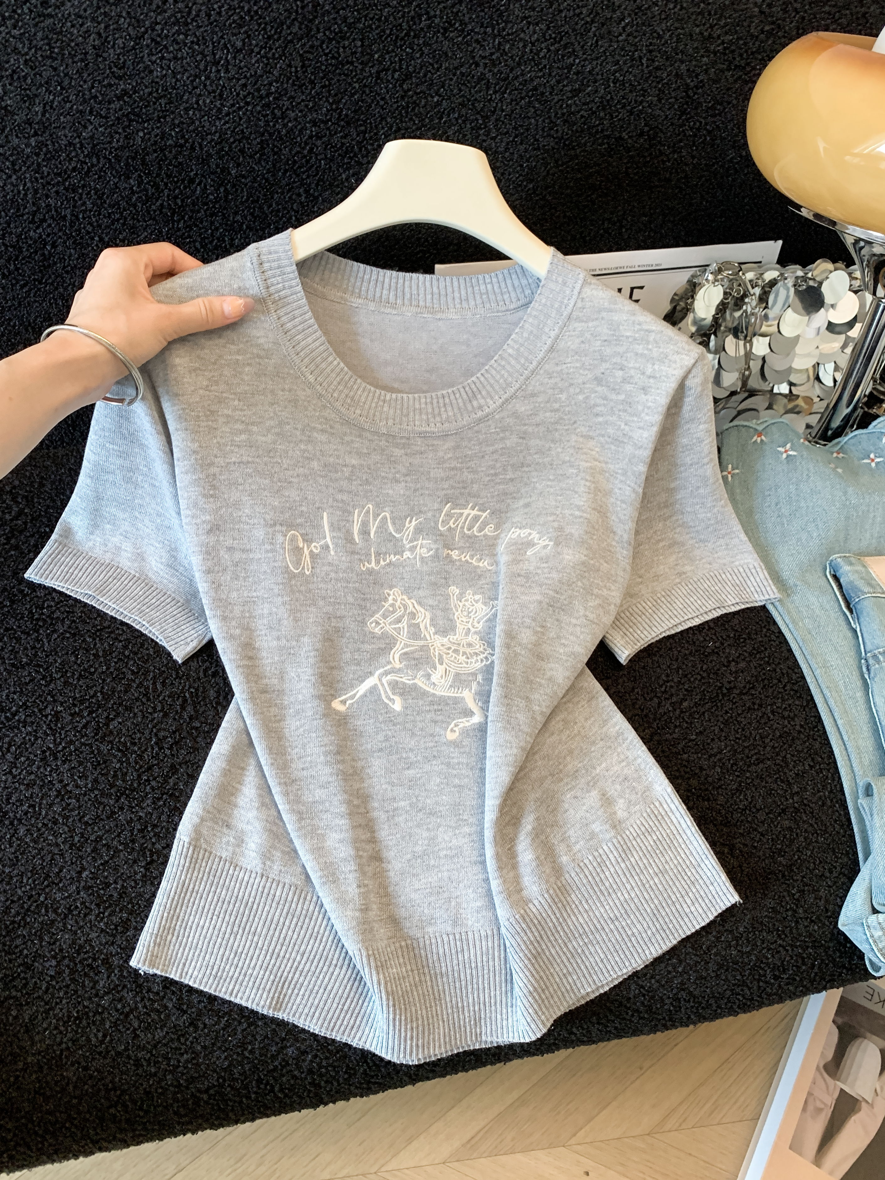 實拍 韓系慵懶風卡通刺繡字母短袖針織衫T恤女夏季百搭顯瘦上衣薄