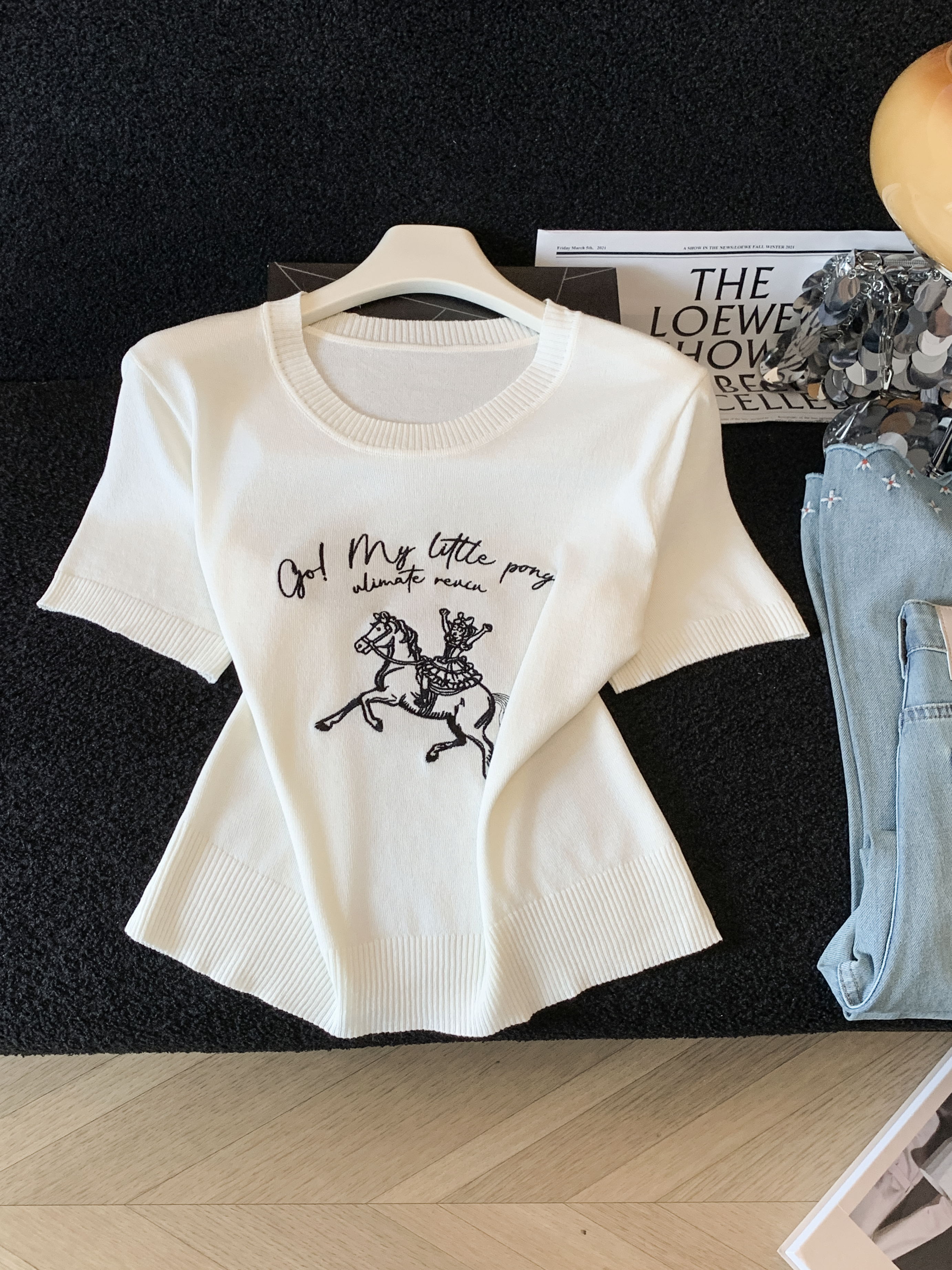 實拍 韓系慵懶風卡通刺繡字母短袖針織衫T恤女夏季百搭顯瘦上衣薄