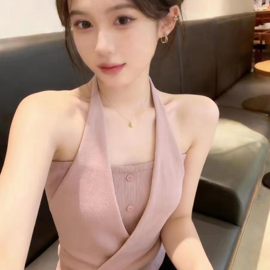 AI圖法式性感甜辣妹掛脖假兩件針織吊帶背心無袖外穿內搭上衣女夏