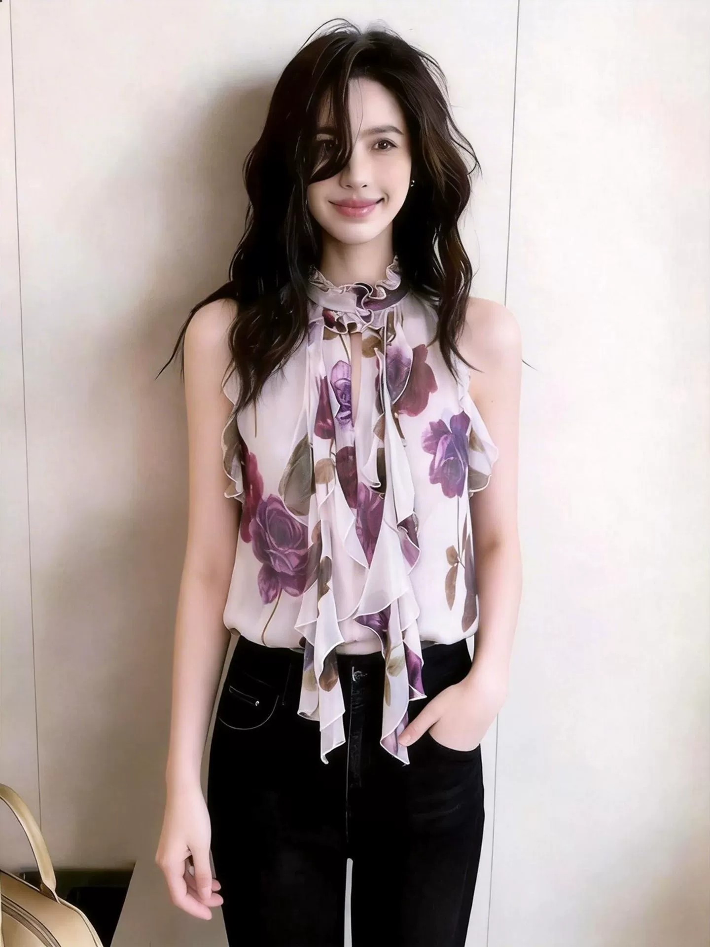 RY4109# 法式田园风印花挂脖上衣女系带显瘦小众高级感通勤超好看时尚2...