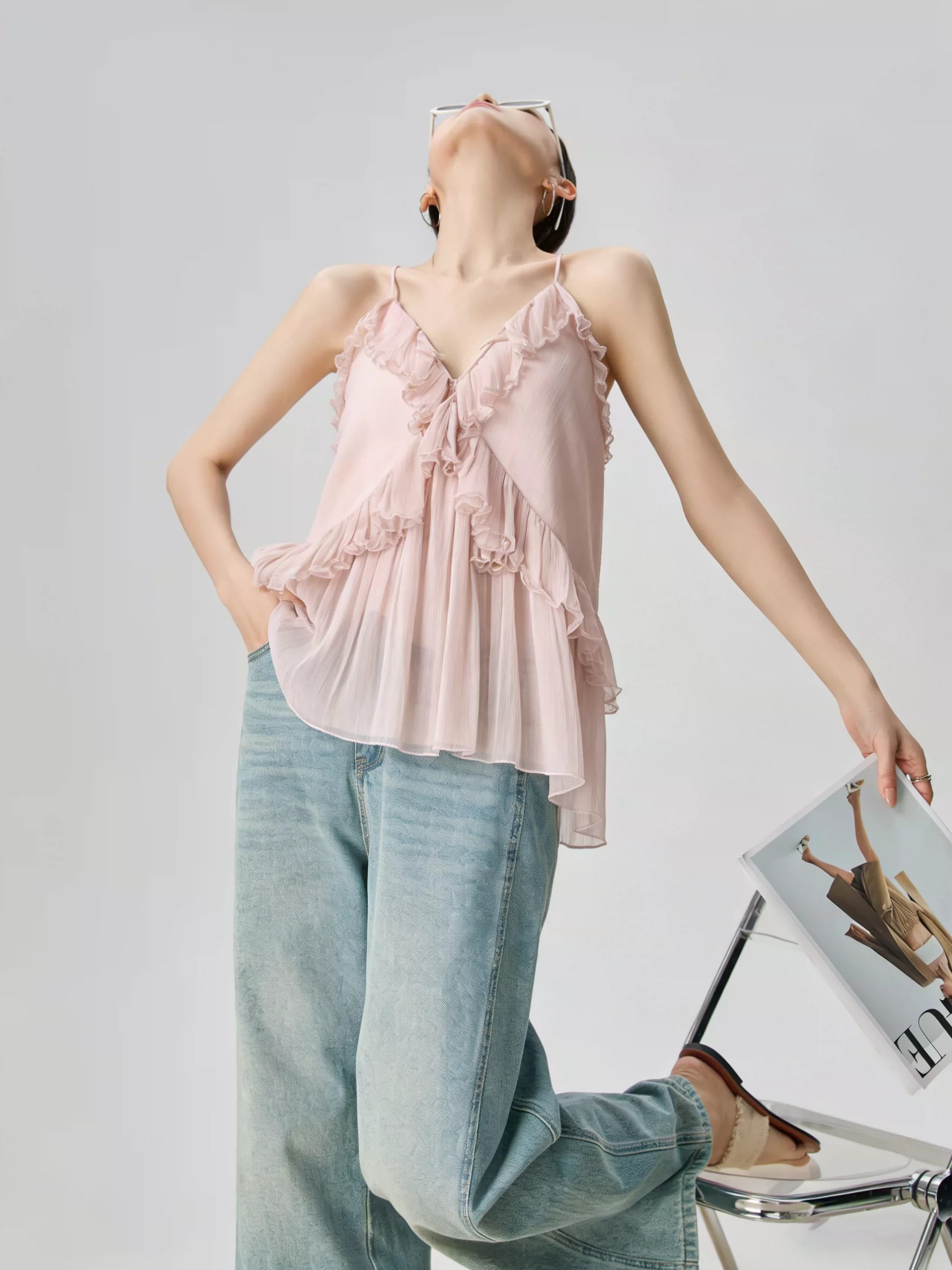 RY4107# 法式度假风粉色v领荷叶边细肩带无袖上衣独特漂亮内搭小吊带夏...