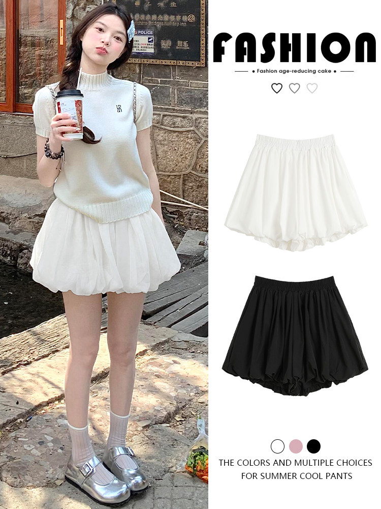 MY16882# 有口袋~白色花苞裤裙女新款高腰a字宽松休闲小个子外穿阔腿短裤女裝貨源服裝批發