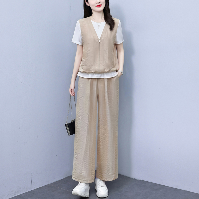 RY6377# 2026夏季新款气质显瘦优雅时尚减龄穿搭套装女假两件上衣+...