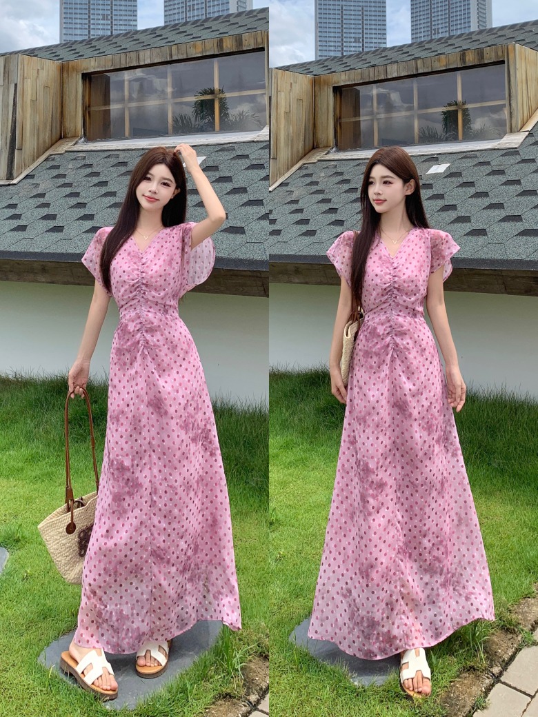 MY12358# 大码 纯情巴洛克法式波点粉色印花连衣裙女夏季收腰长款裙子...