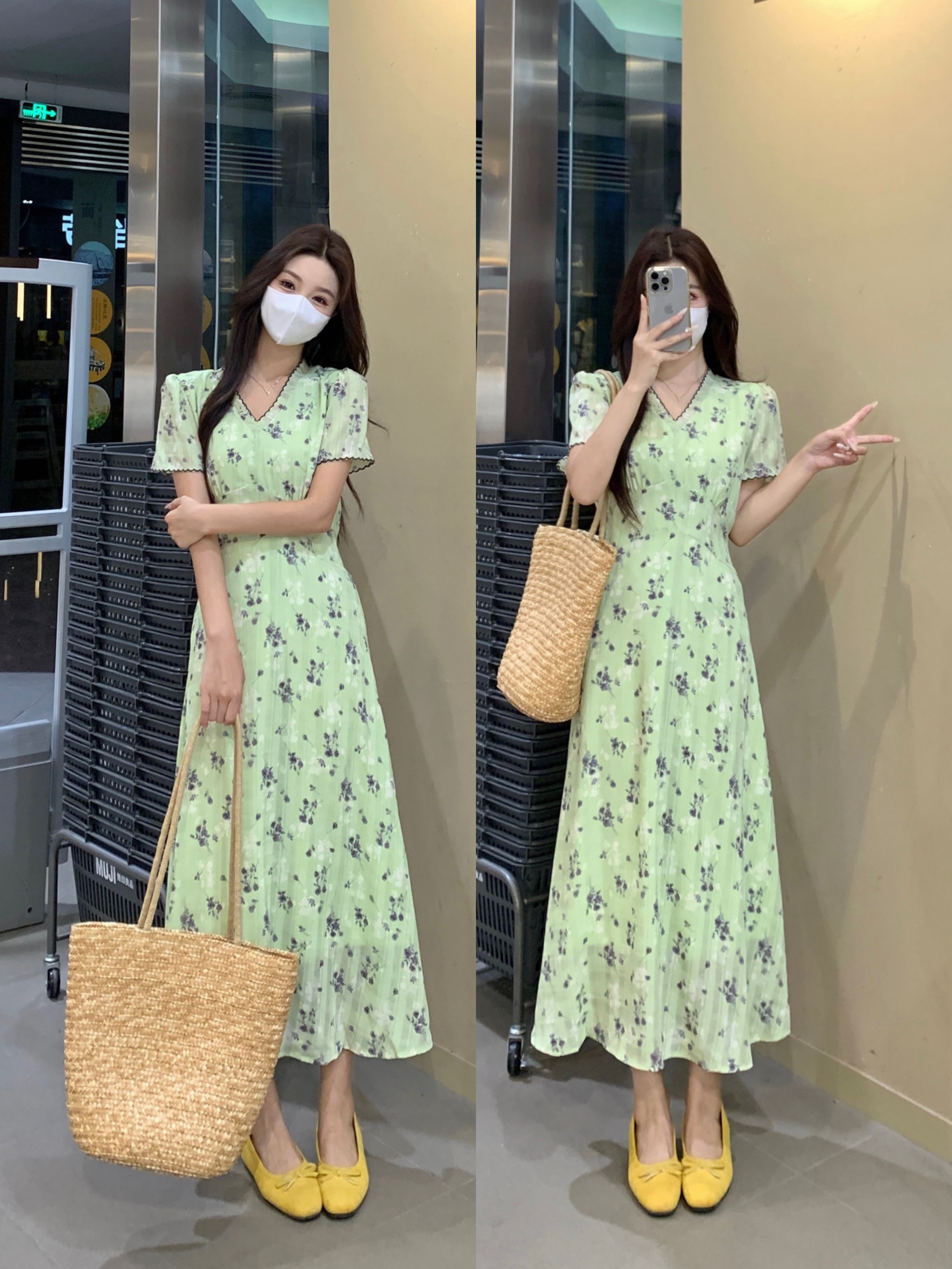 MY12357# 大码 法式气质绿色碎花连衣裙女夏新款今年流行爆款长裙女裝...