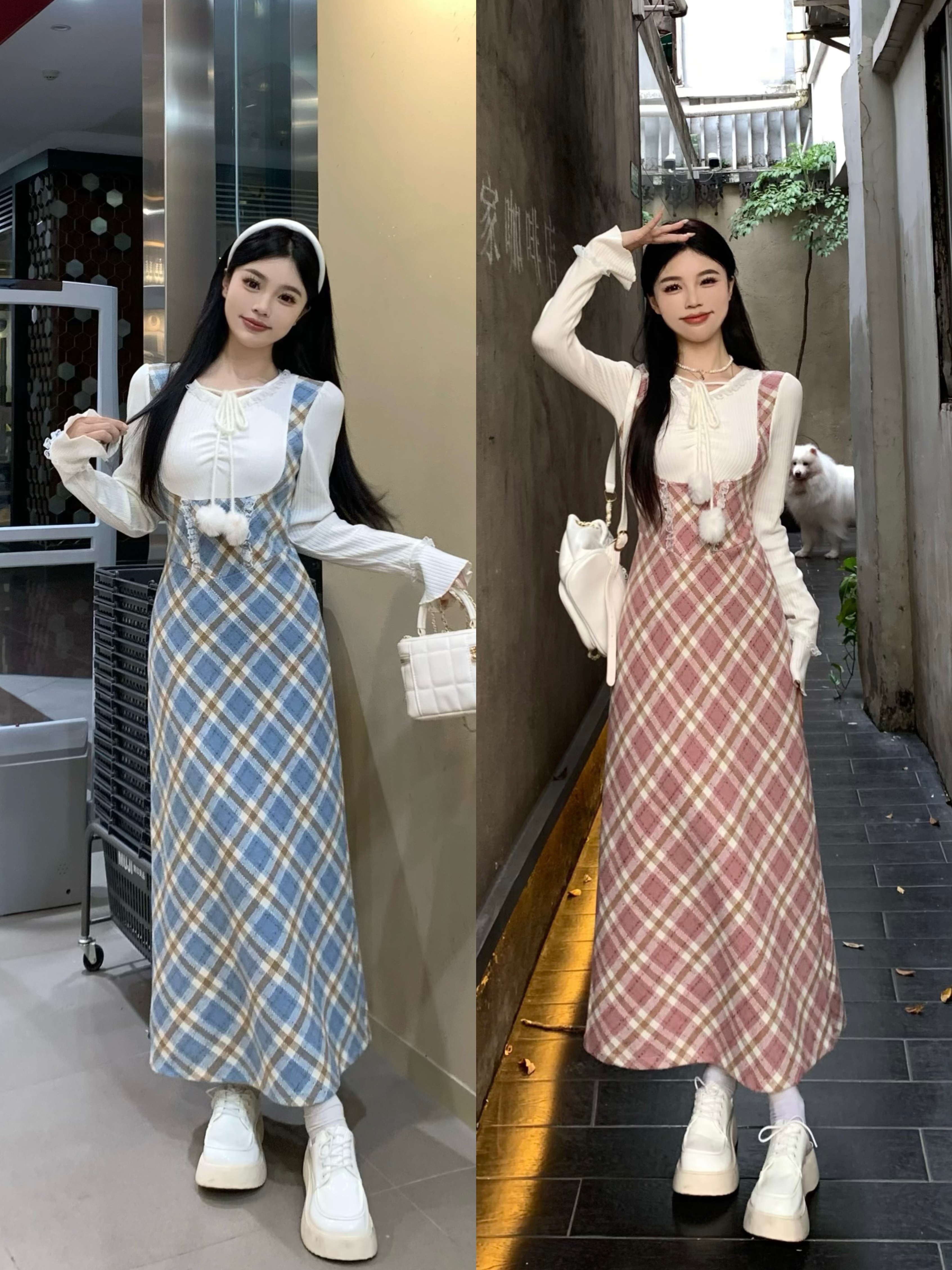 MY14327# 大码～绒球甜心 粉色假两件格纹连衣裙女秋冬甜美气质长裙女...