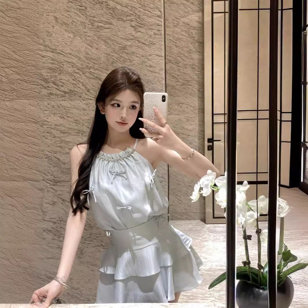 RY4712# 气质设计感套装蝴蝶结挂脖背心上衣女装夏季高腰蛋糕半身裙两件...