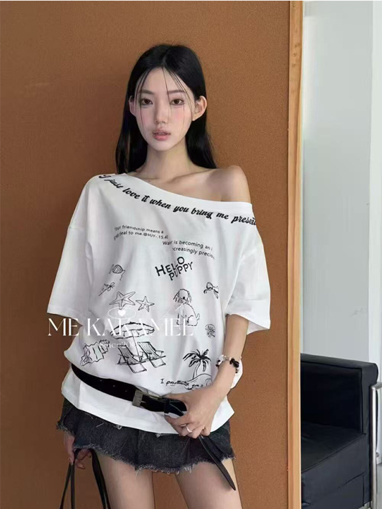 FA31857# 韩国东大门夏季新款美式辣妹字母印花斜肩短袖T恤女宽松百搭上衣