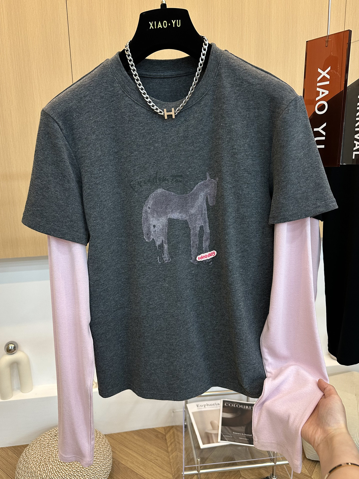 MY17573# 螺纹德绒大码300斤欧货设计感假两件拼接印花圆领短袖t恤...