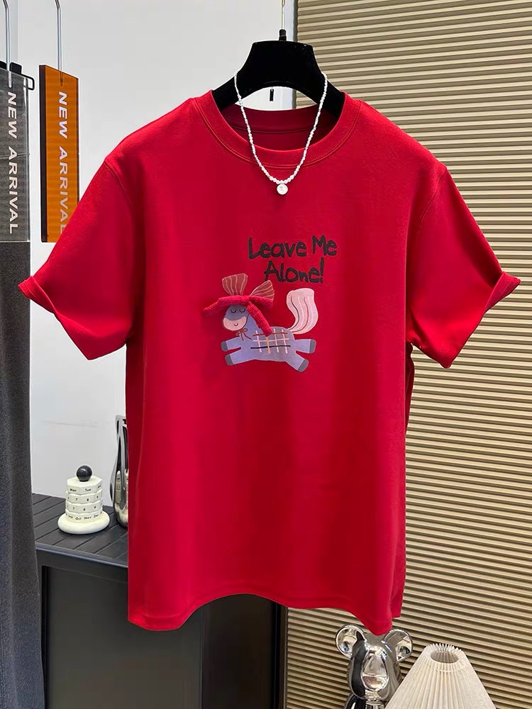 MY17565# 德绒特大码300斤韩版百搭休闲蝴蝶结刺绣德绒加厚短袖T恤...